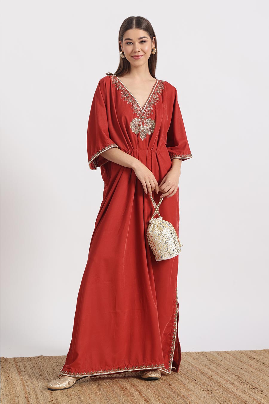 Orange Peacock Embroidered Kaftan