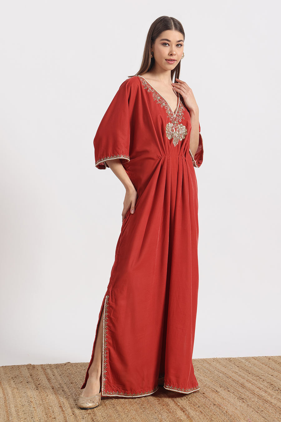 Orange Peacock Embroidered Kaftan