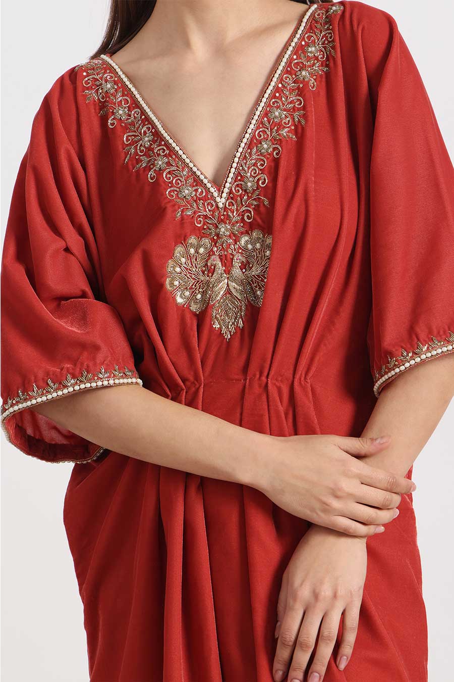 Orange Peacock Embroidered Kaftan