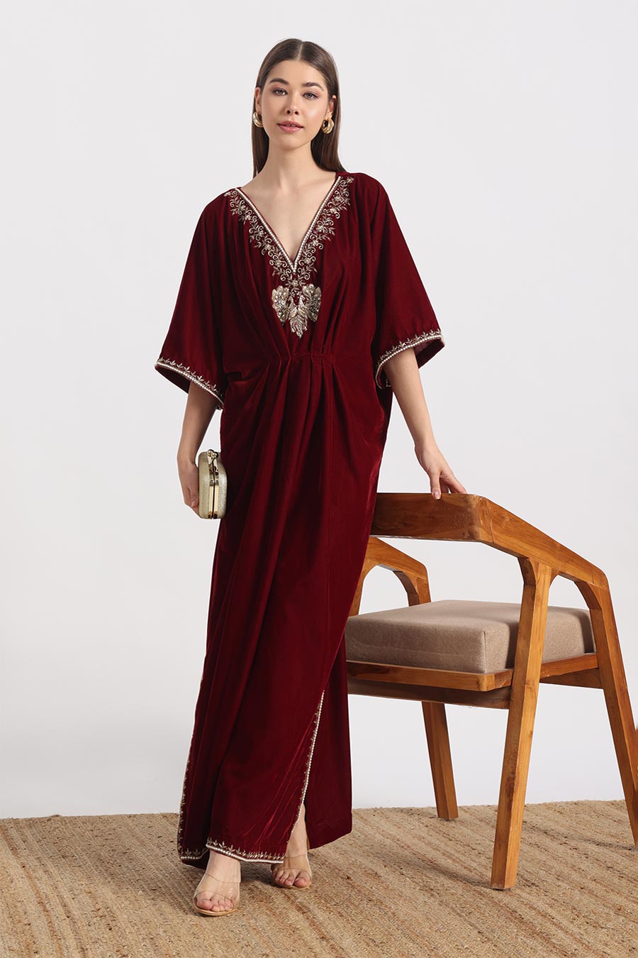 Red Peacock Embroidered Kaftan