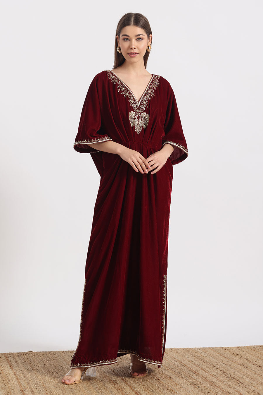Red Peacock Embroidered Kaftan
