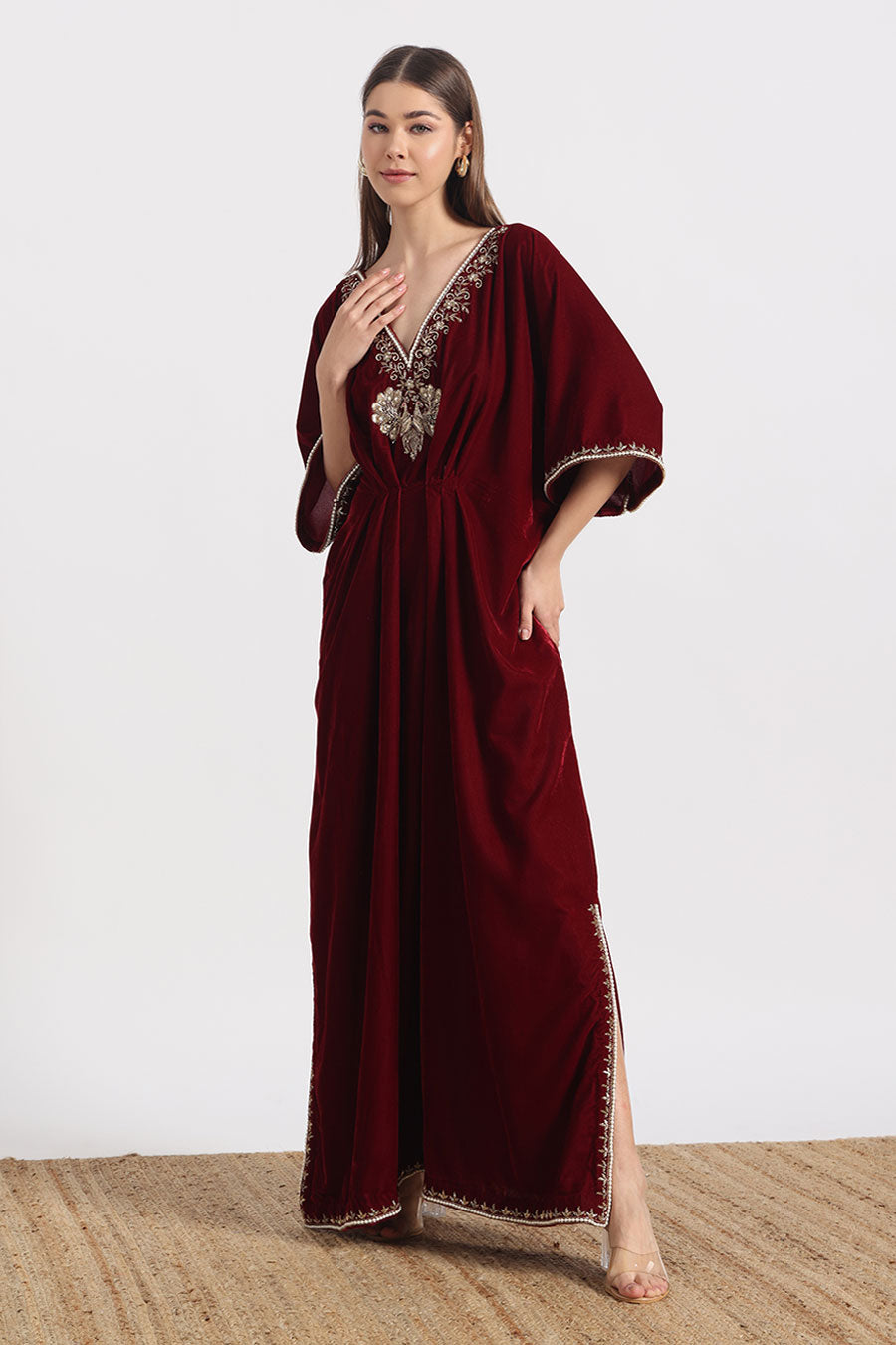 Red Peacock Embroidered Kaftan