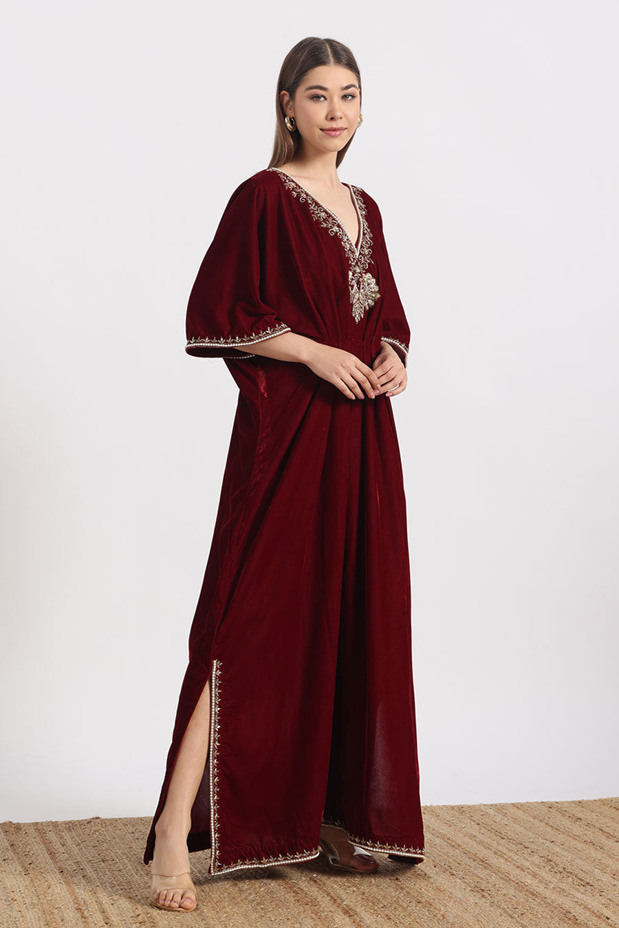 Red Peacock Embroidered Kaftan
