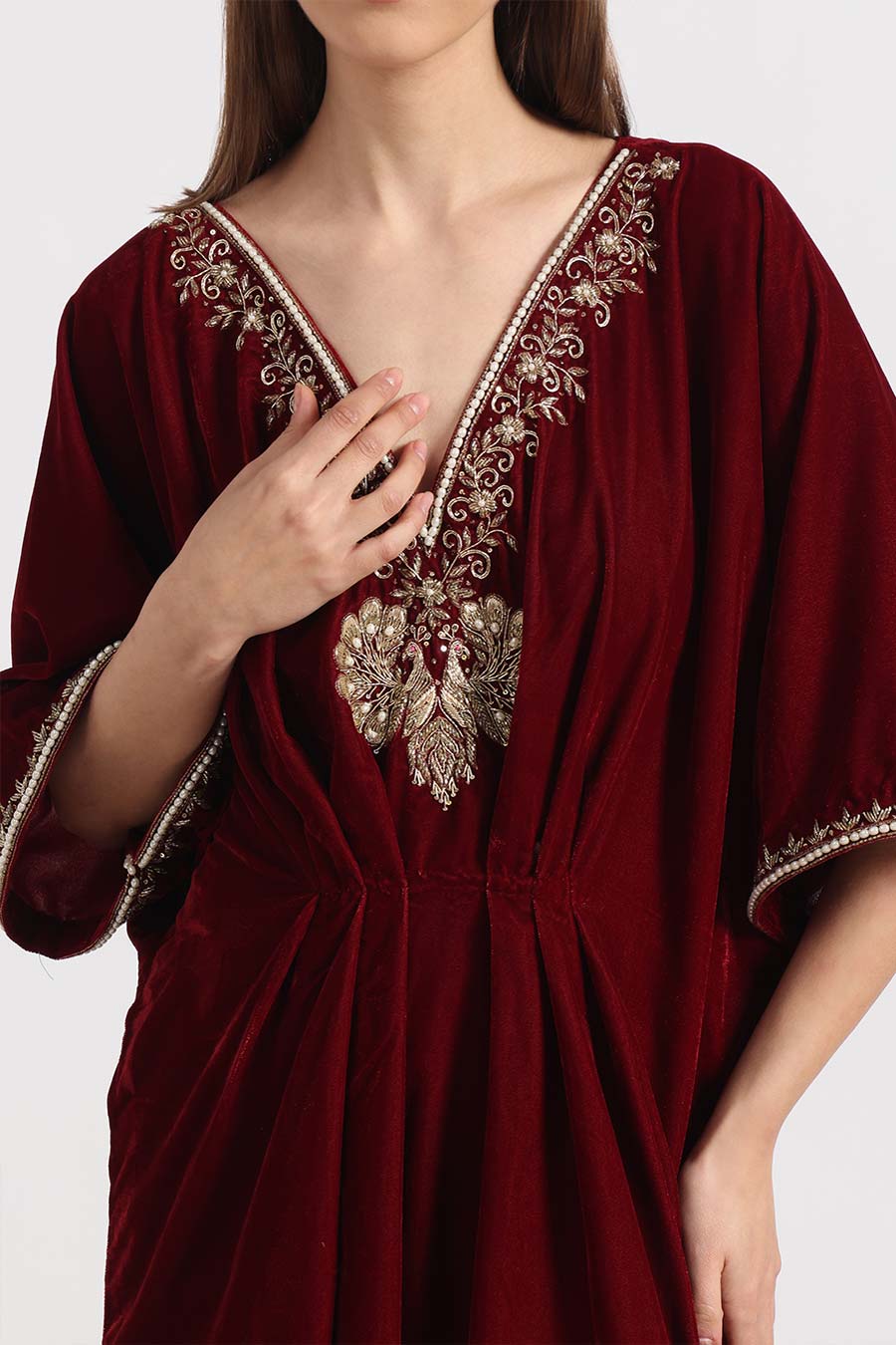 Red Peacock Embroidered Kaftan