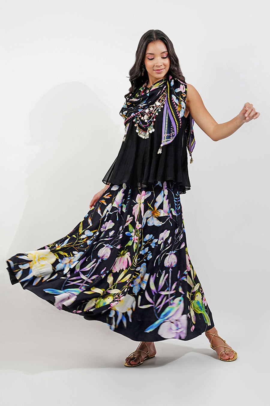 Black Summer Floral Satin Scarf With Tassels