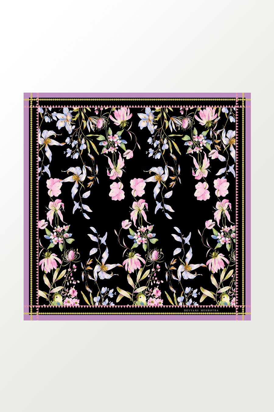 Black Summer Floral Satin Scarf With Tassels