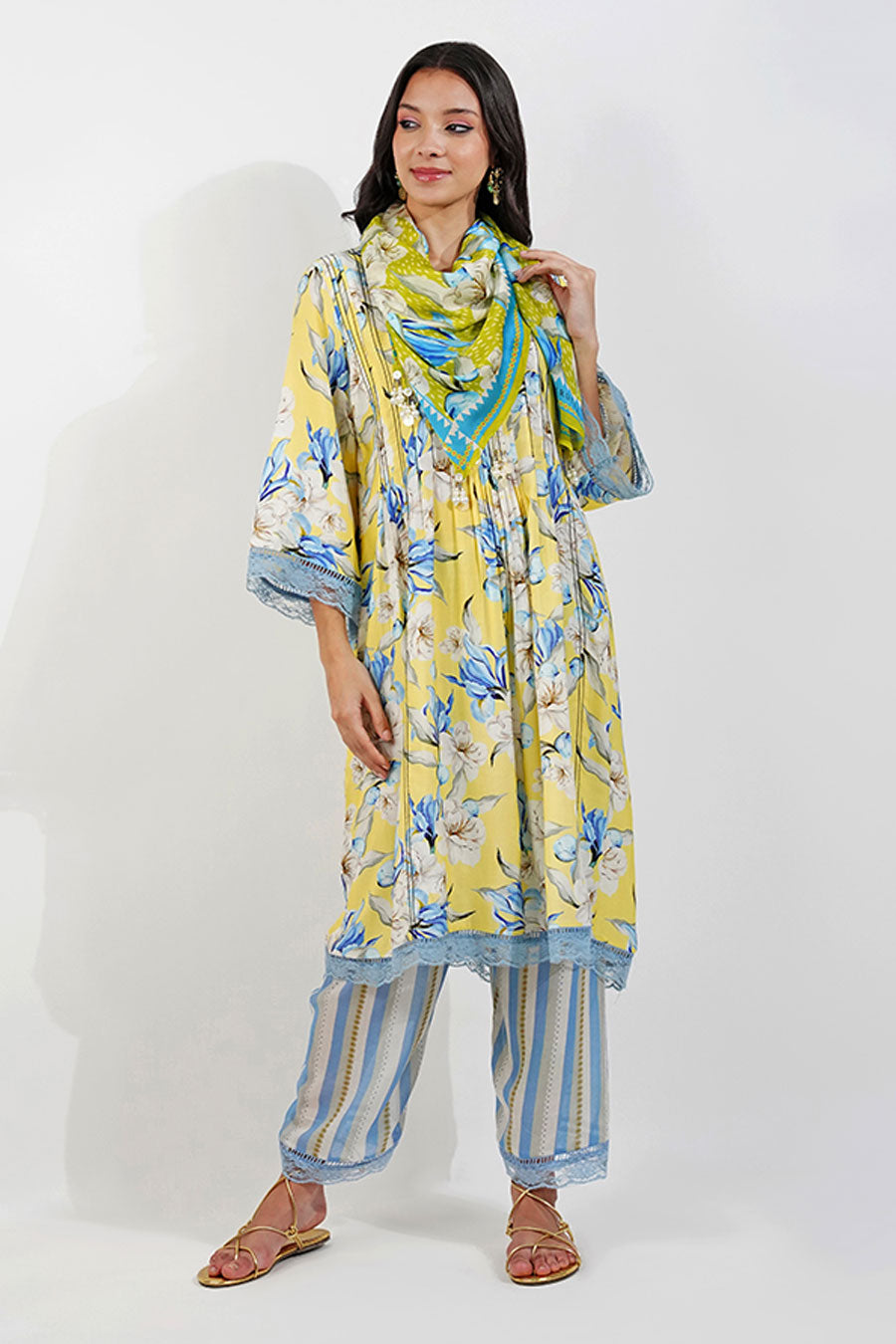 Green Vintage Floral Satin Scarf With Tassels
