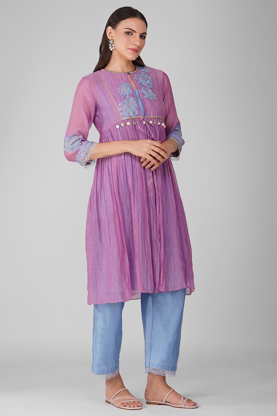 Purple-Blue Embroidered Jacket-Kurta Set