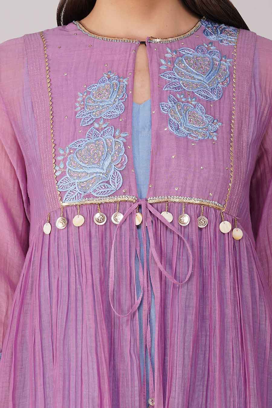 Purple-Blue Embroidered Jacket-Kurta Set