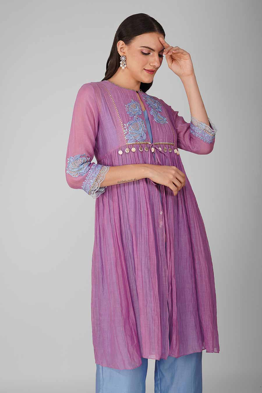 Purple-Blue Embroidered Jacket-Kurta Set