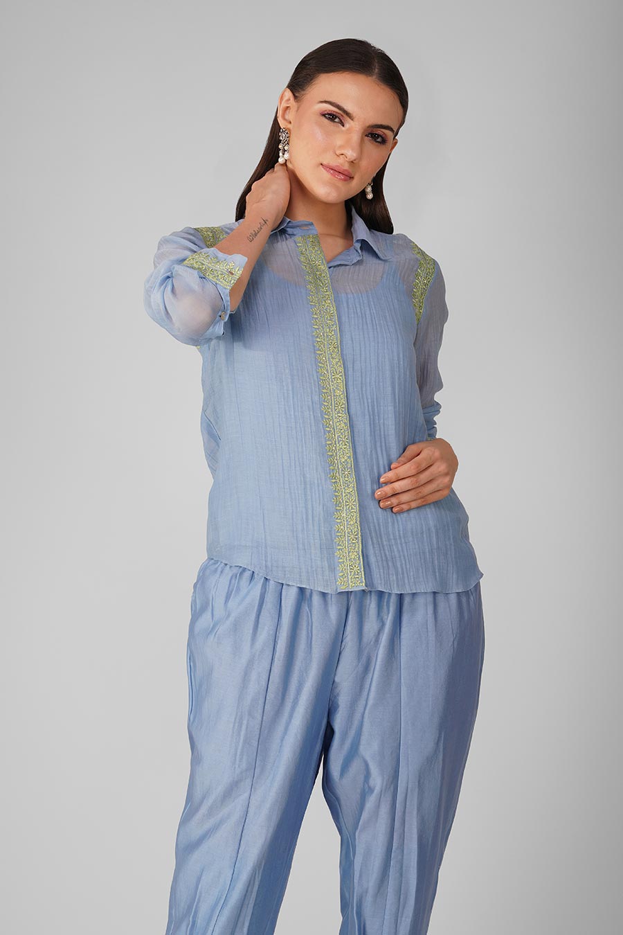 Blue Embroidered Shirt Set