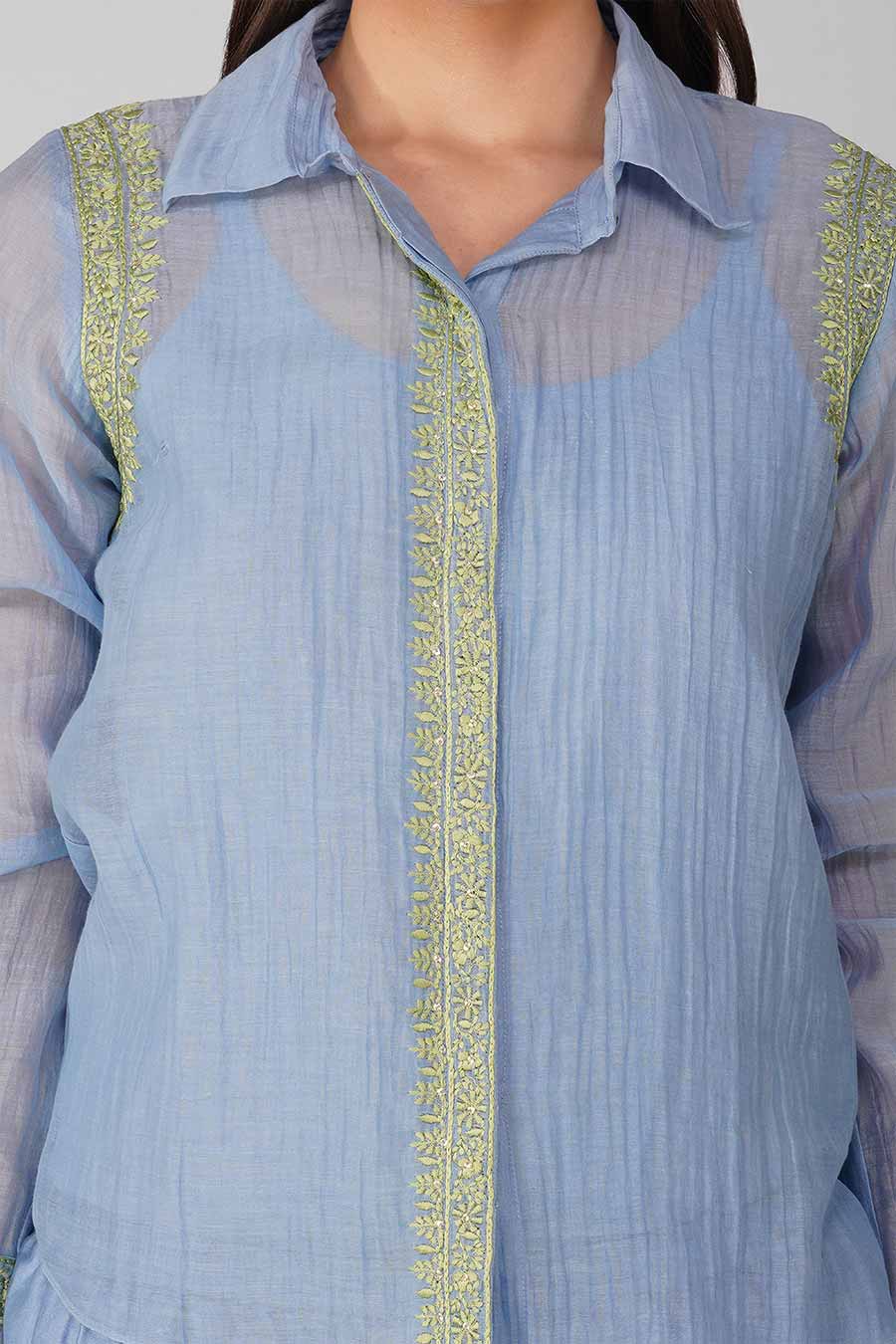 Blue Embroidered Shirt Set