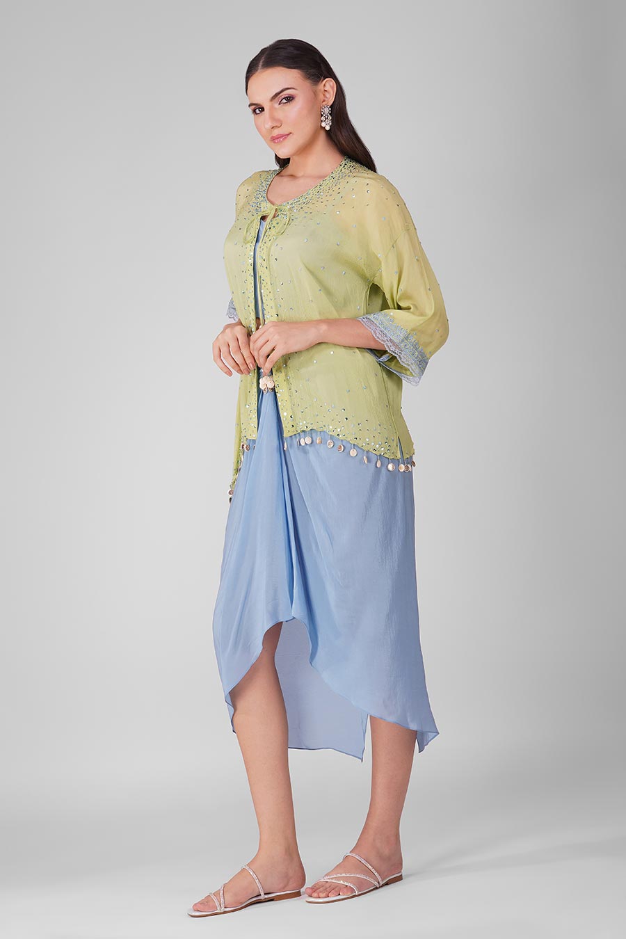 Blue-Green Sky Drape Skirt And Cape Set