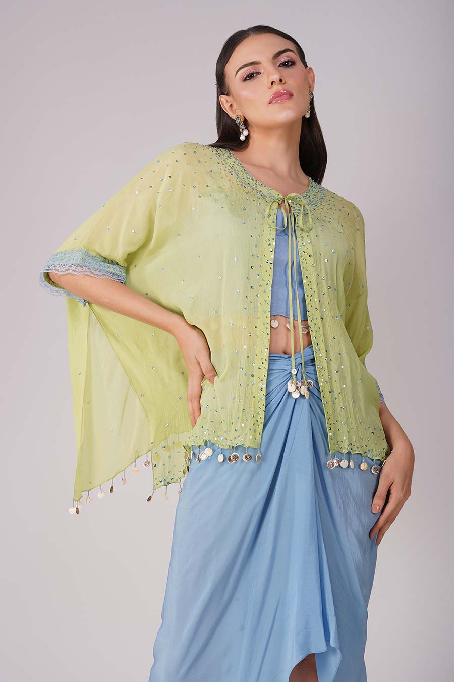 Blue-Green Sky Drape Skirt And Cape Set