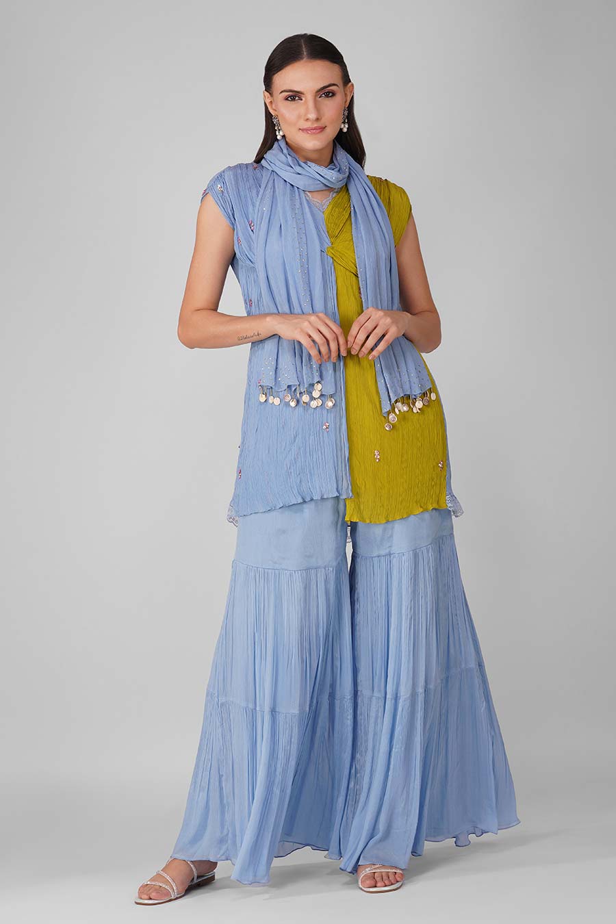 Blue-Lime Knotted Kurta And Gharara Set