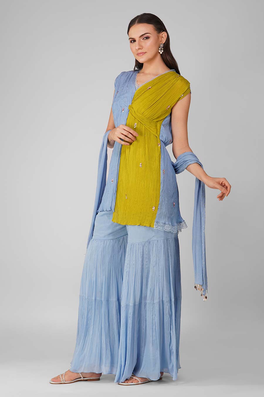 Blue-Lime Knotted Kurta And Gharara Set