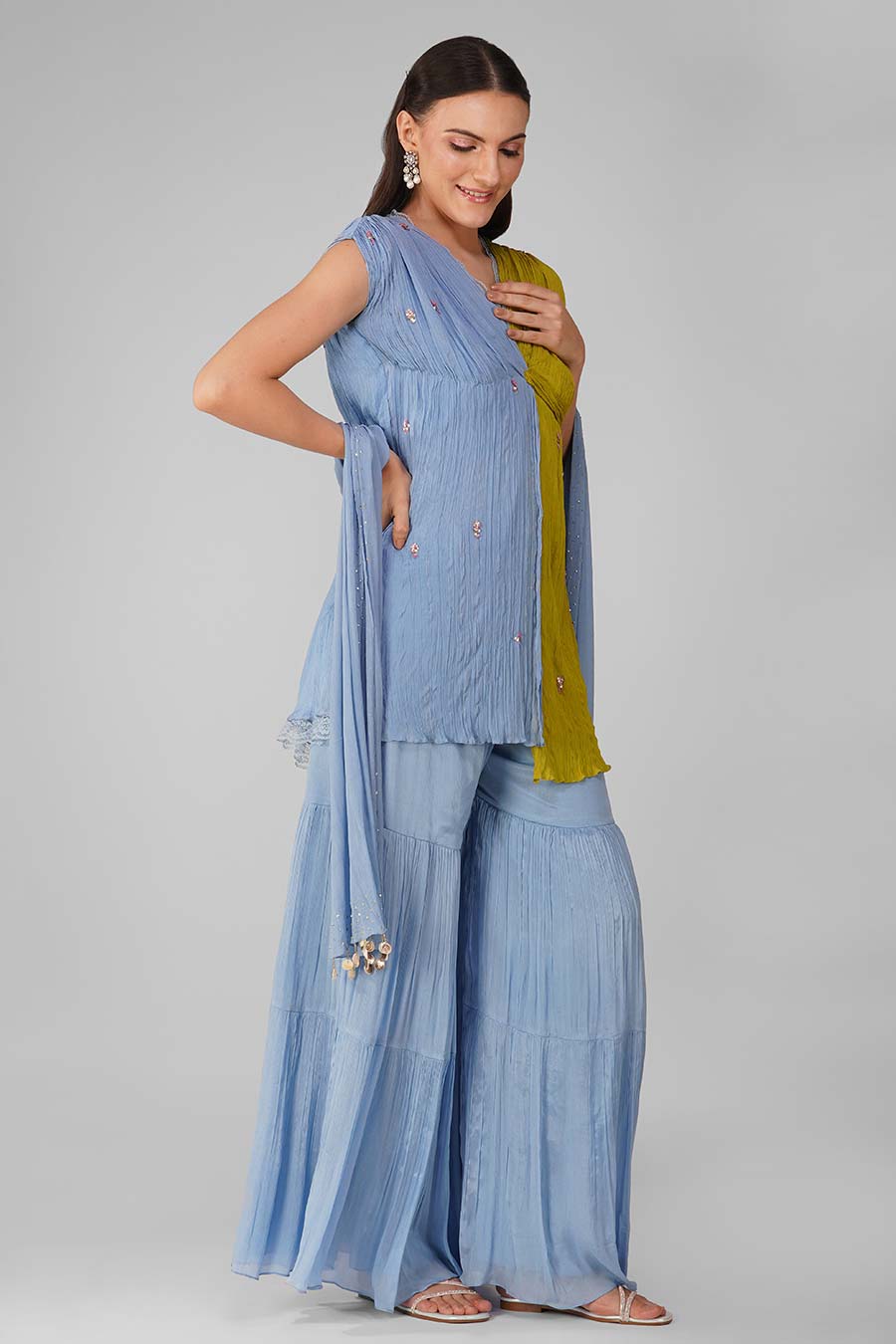 Blue-Lime Knotted Kurta And Gharara Set