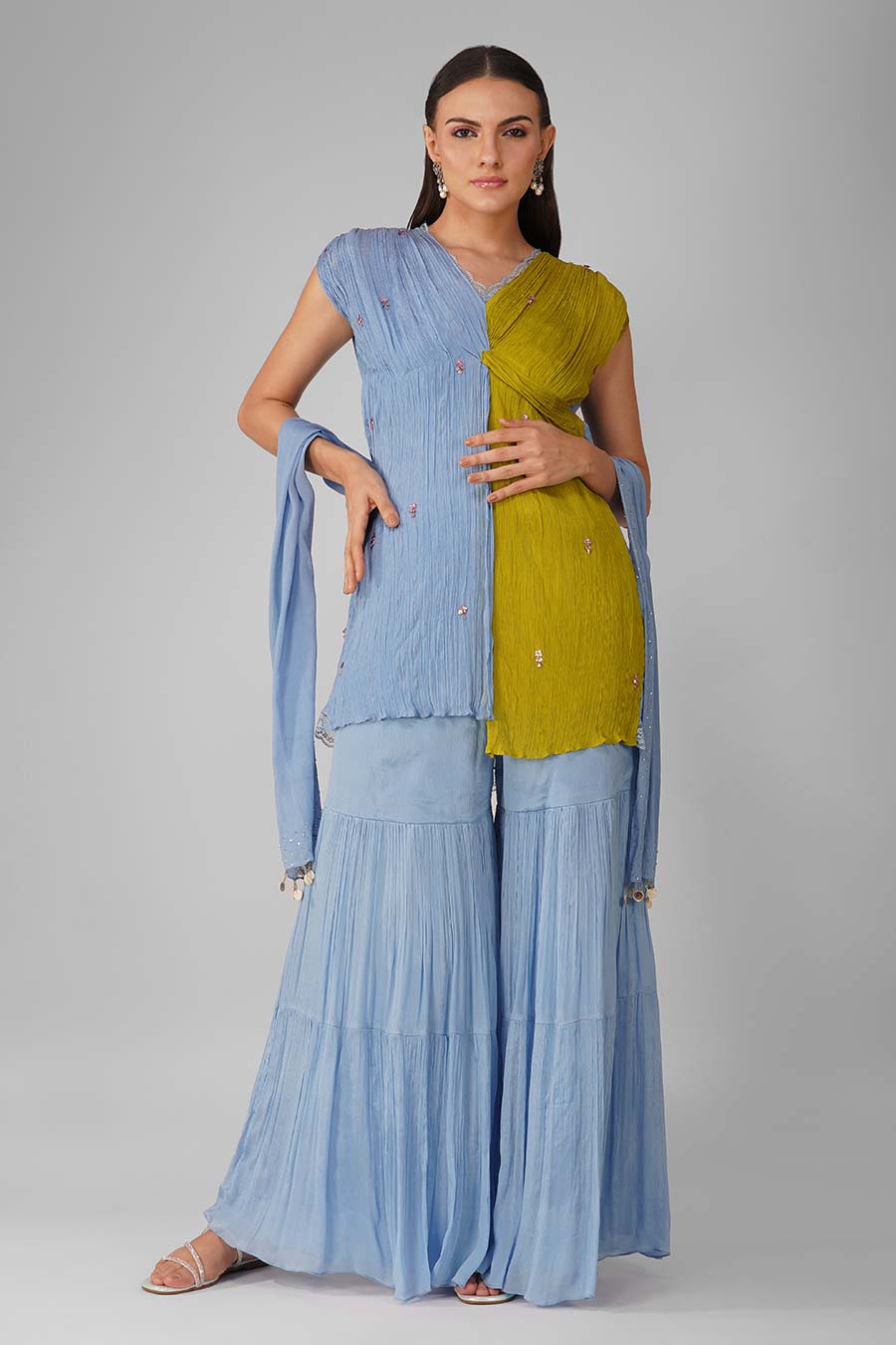 Blue-Lime Knotted Kurta And Gharara Set