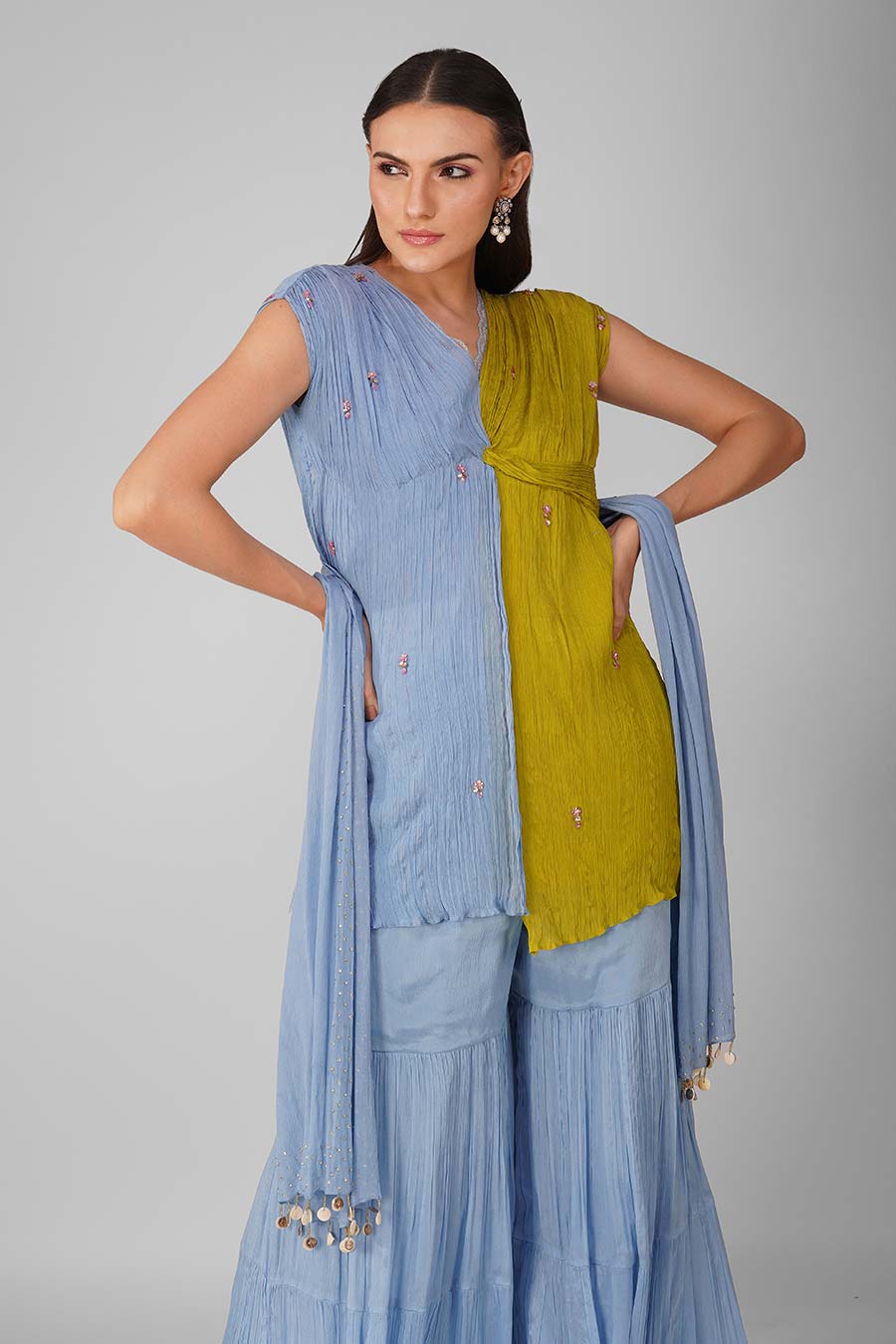 Blue-Lime Knotted Kurta And Gharara Set