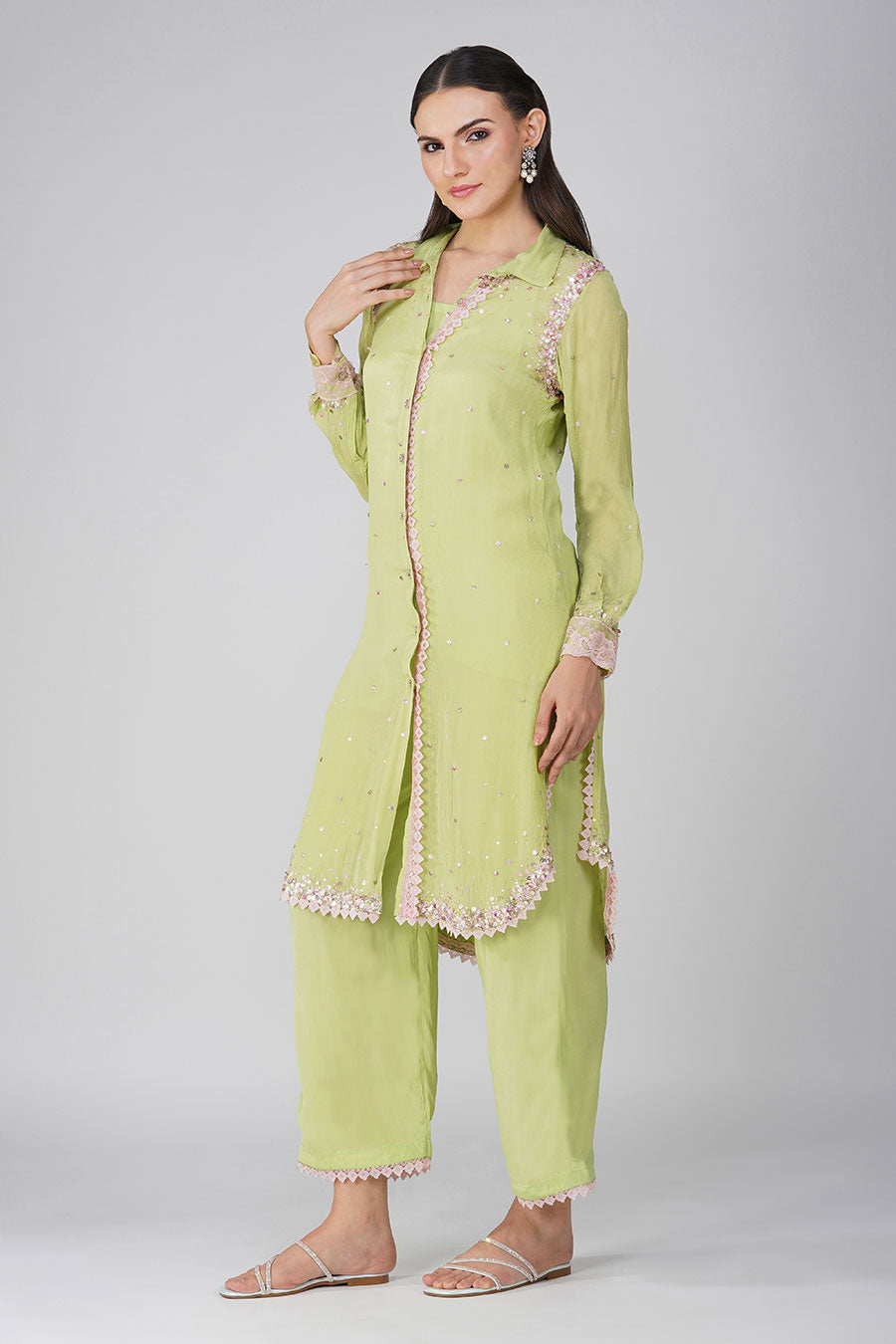 Green Chiffon Embellished Tunic & Pant Set