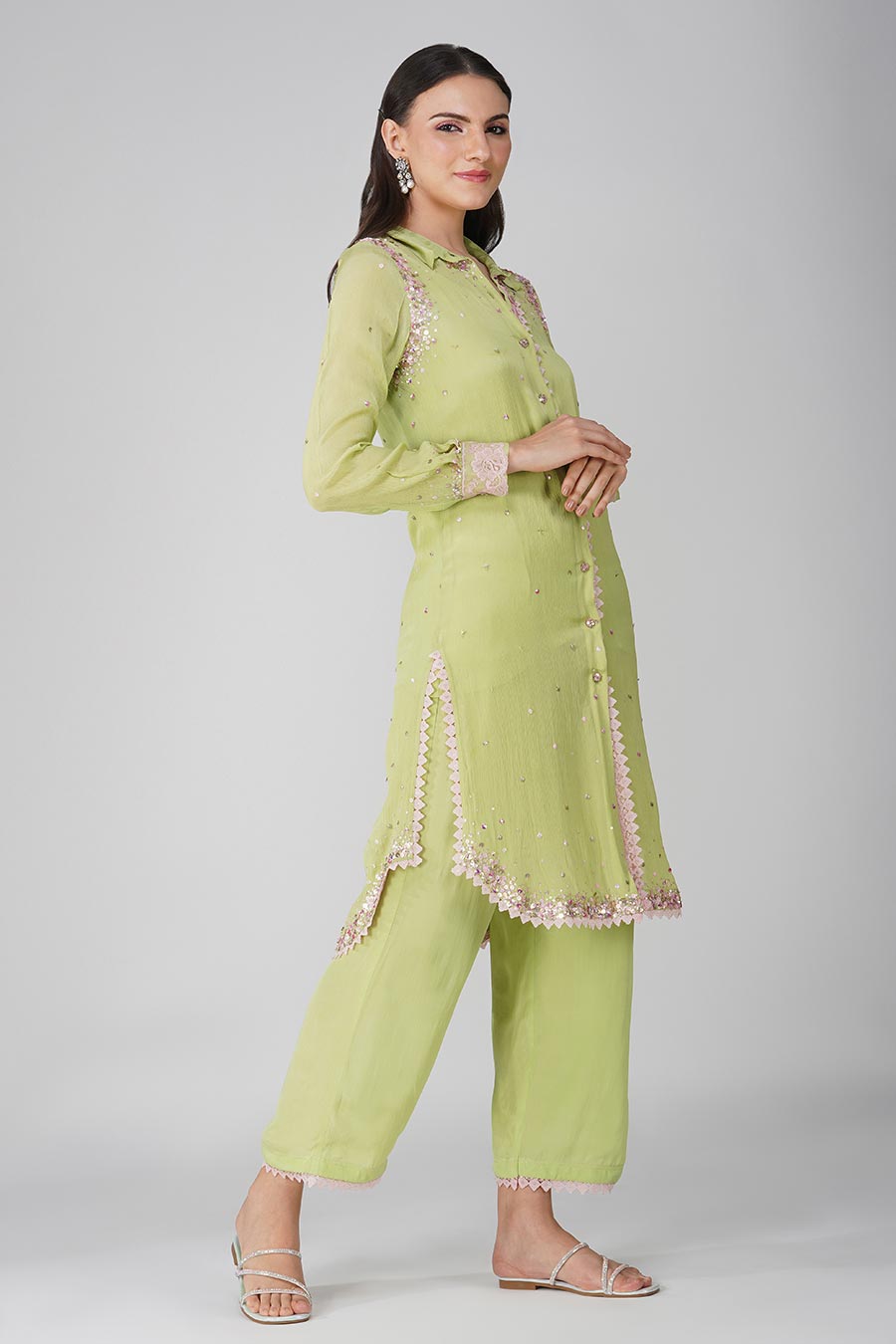 Green Chiffon Embellished Tunic & Pant Set