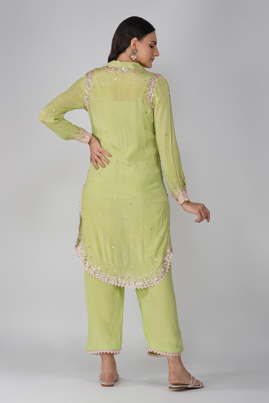 Green Chiffon Embellished Tunic & Pant Set