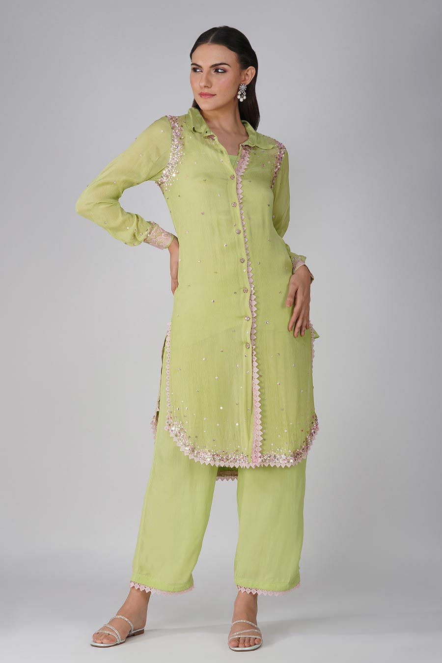 Green Chiffon Embellished Tunic & Pant Set