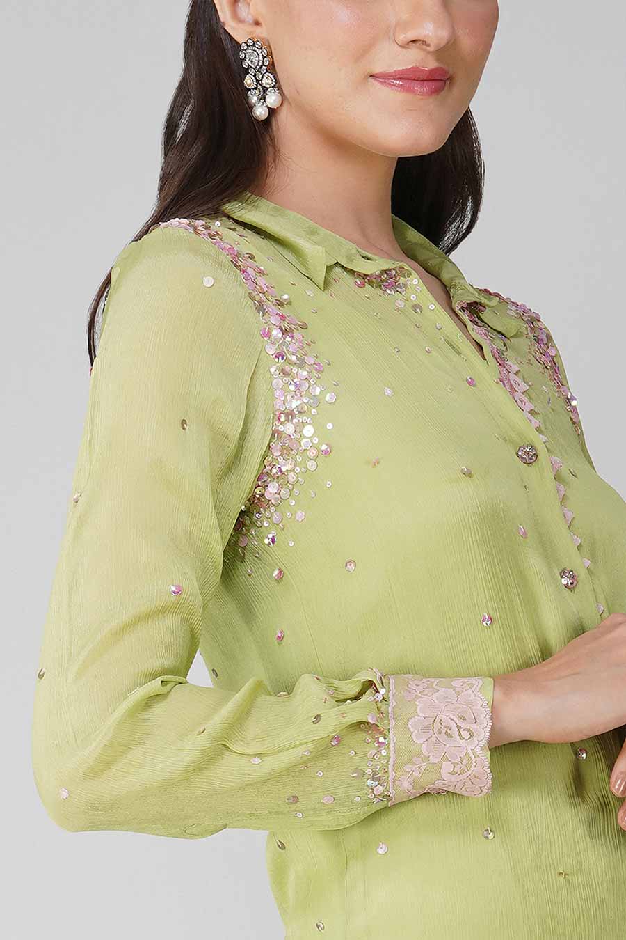 Green Chiffon Embellished Tunic & Pant Set