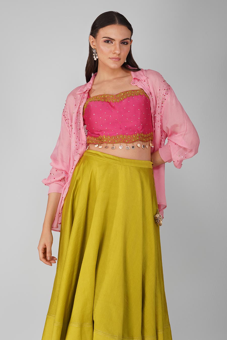 Pink-Green Flower Border Cropped Top And Skirt Set