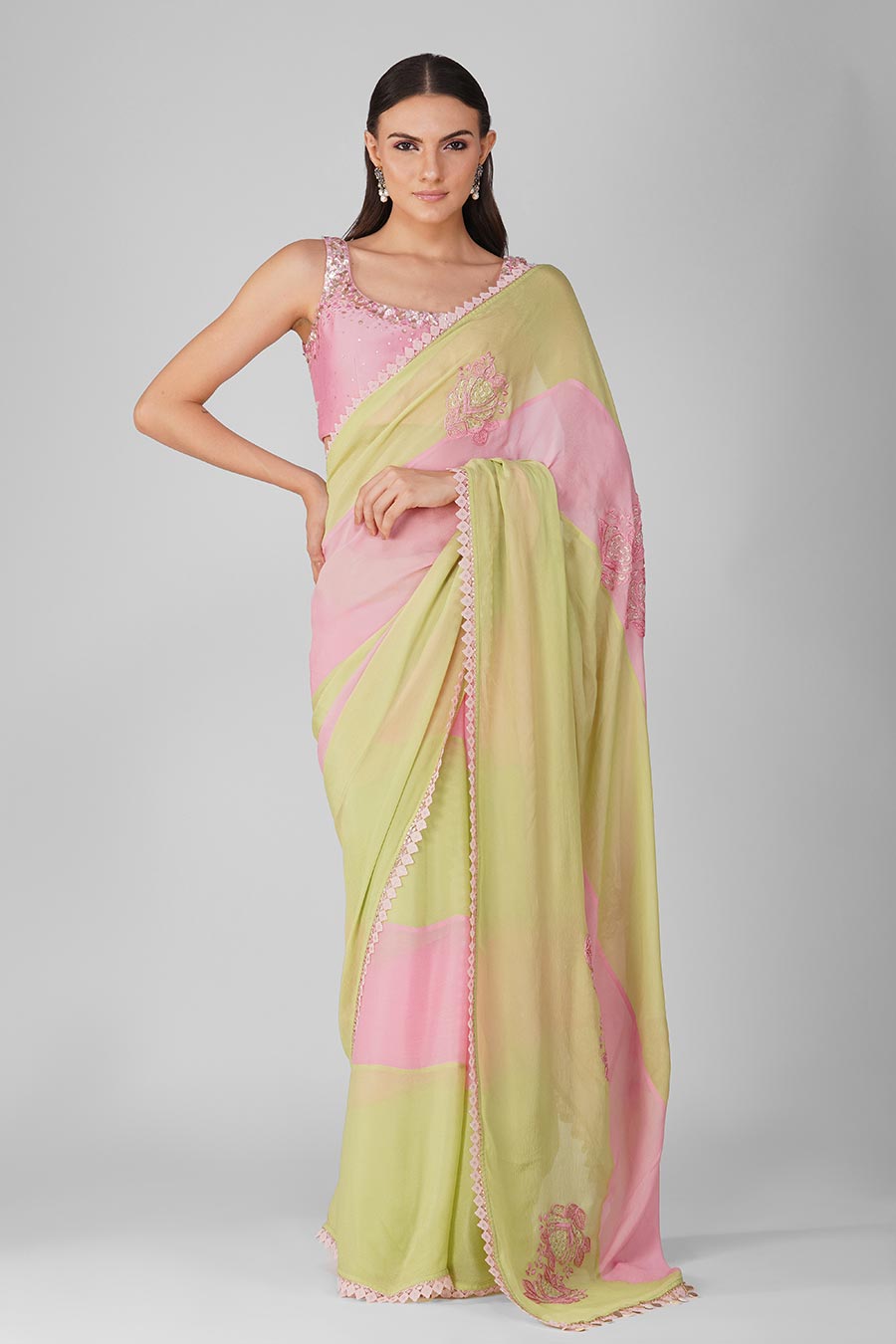 Pink-Green Striped Saree Set