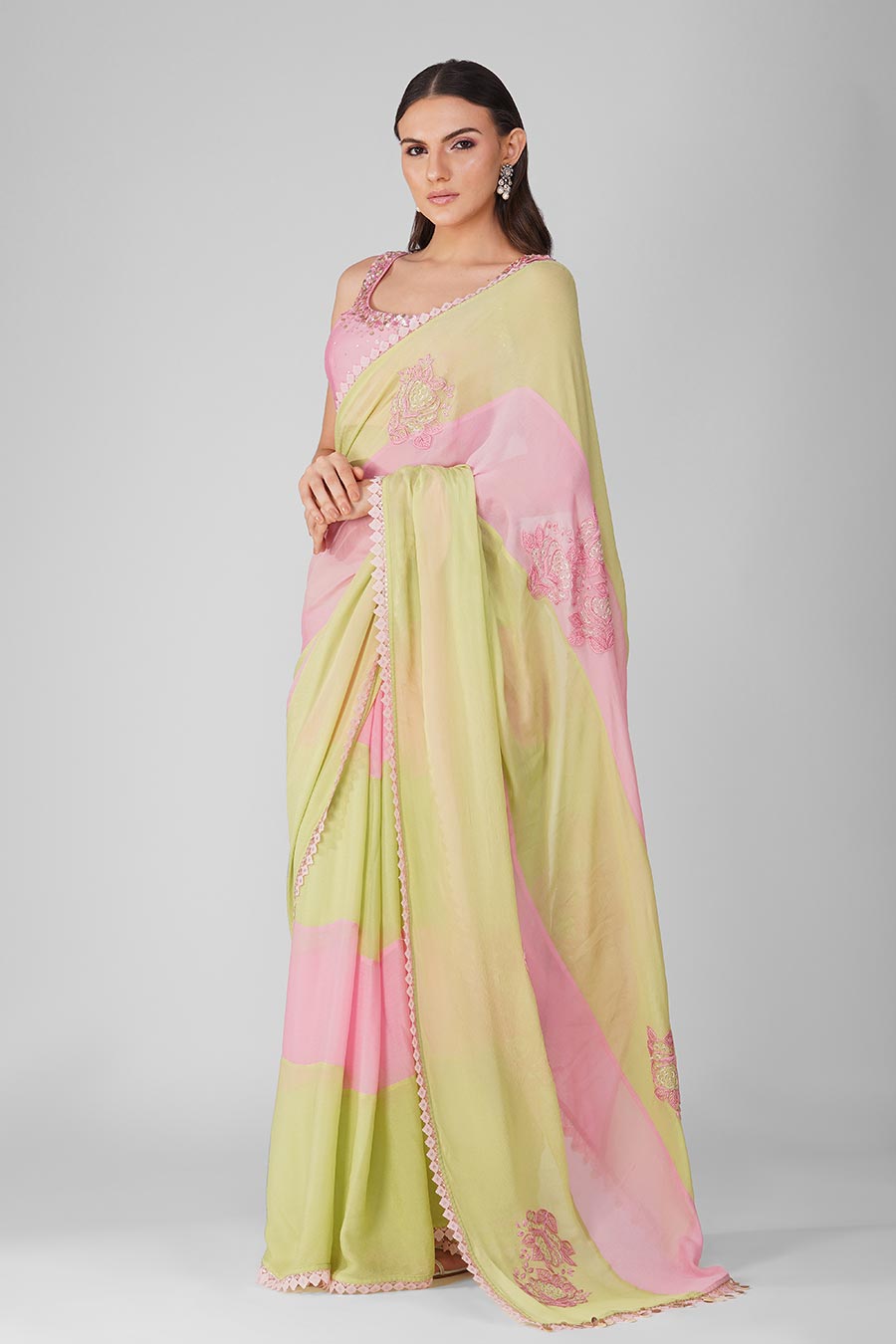 Pink-Green Striped Saree Set