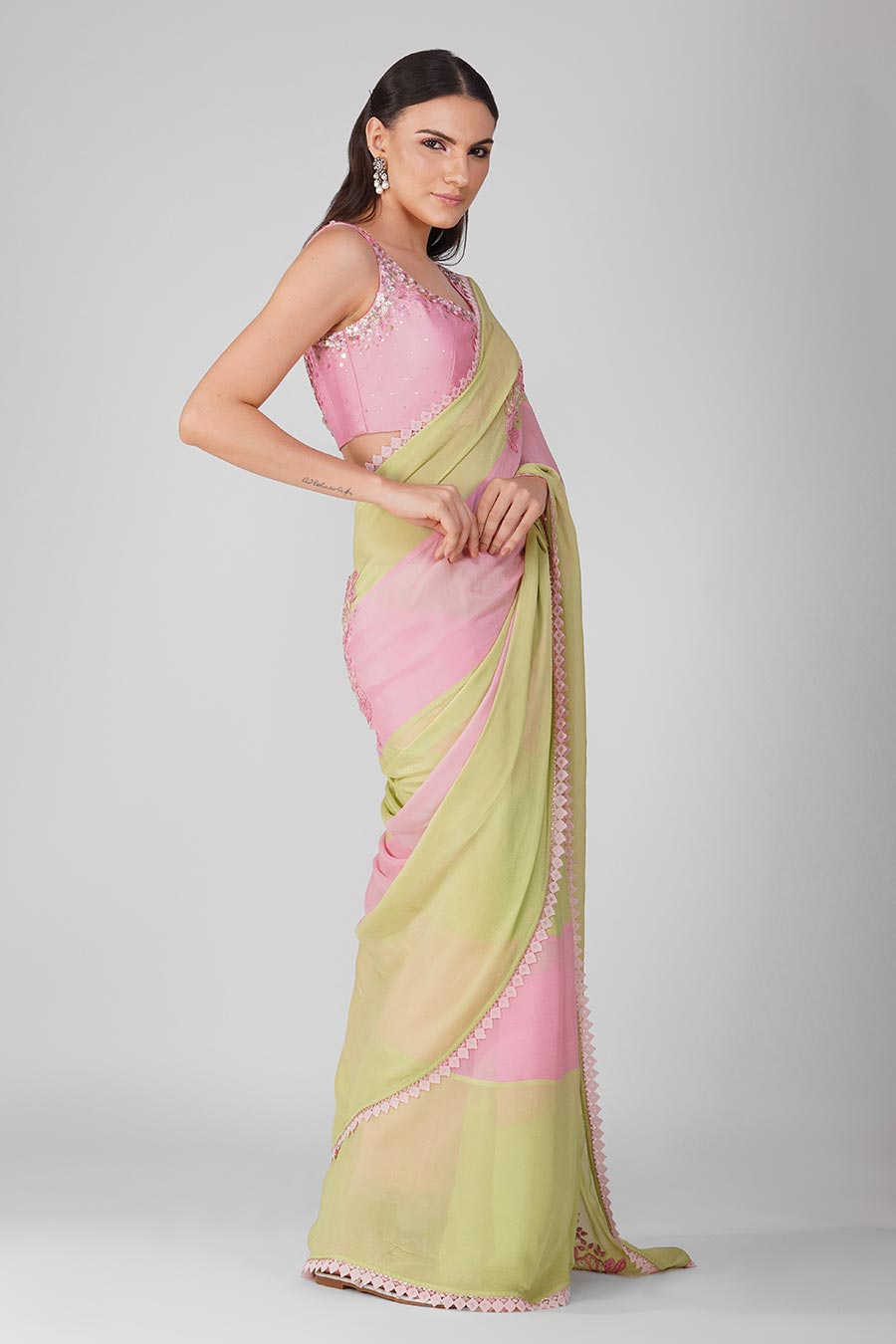 Pink-Green Striped Saree Set