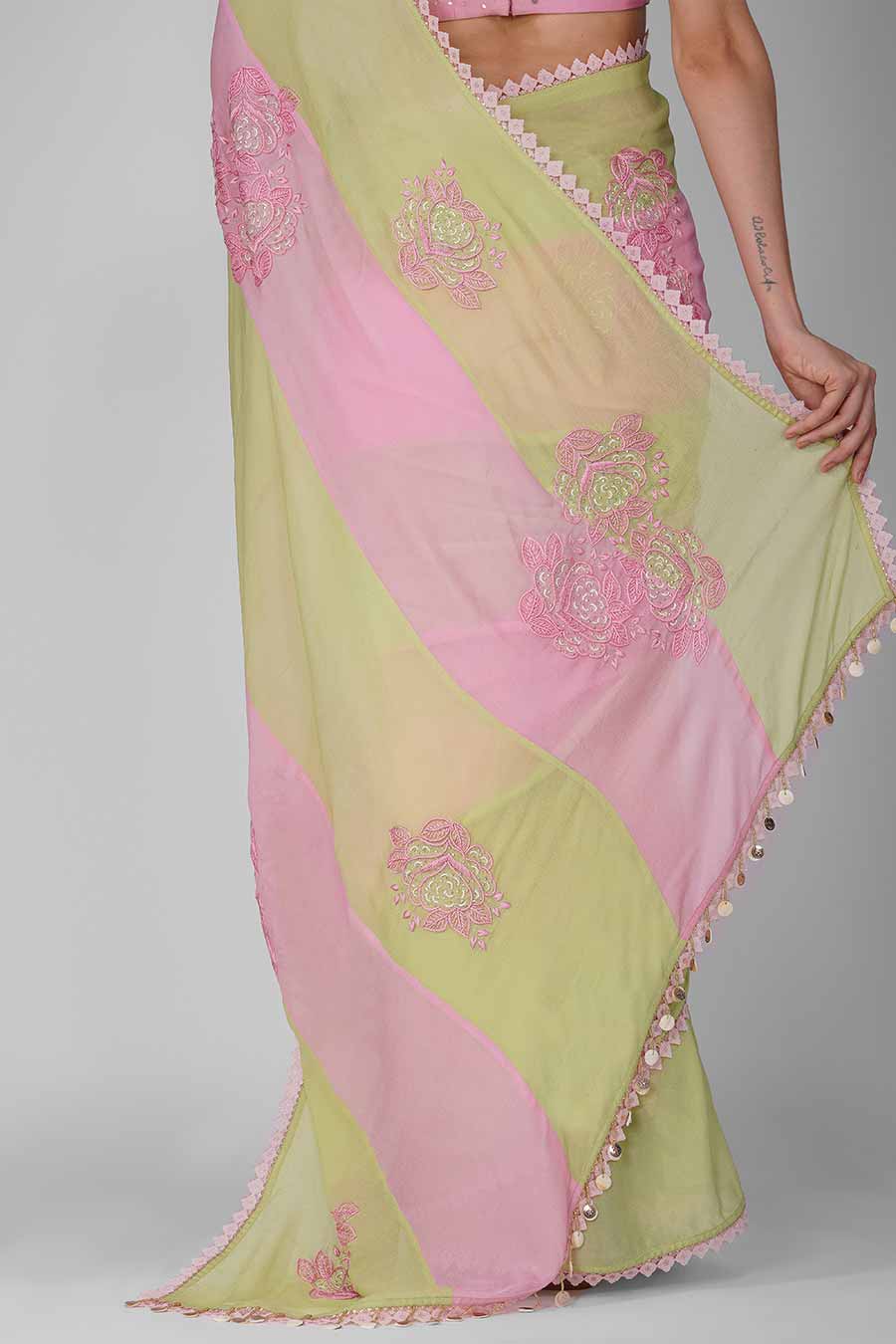 Pink-Green Striped Saree Set