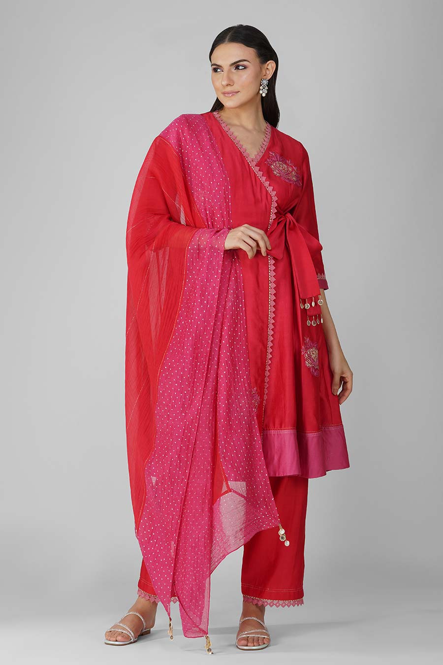 Red-Pink Embroidered Angrakha Set