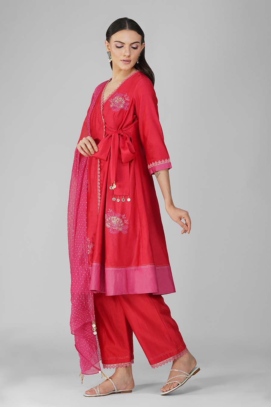 Red-Pink Embroidered Angrakha Set