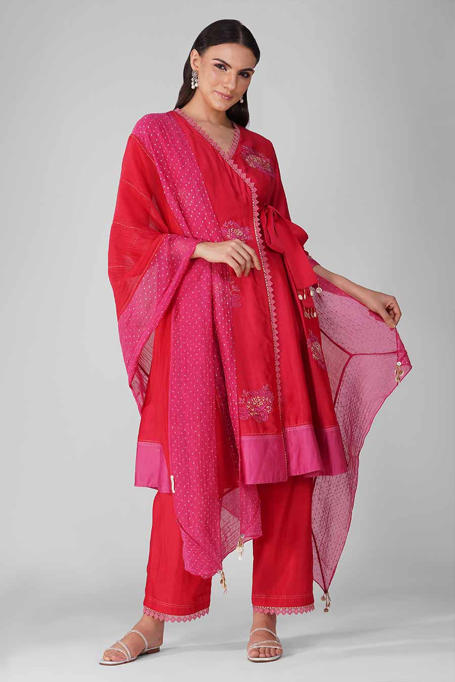 Red-Pink Embroidered Angrakha Set