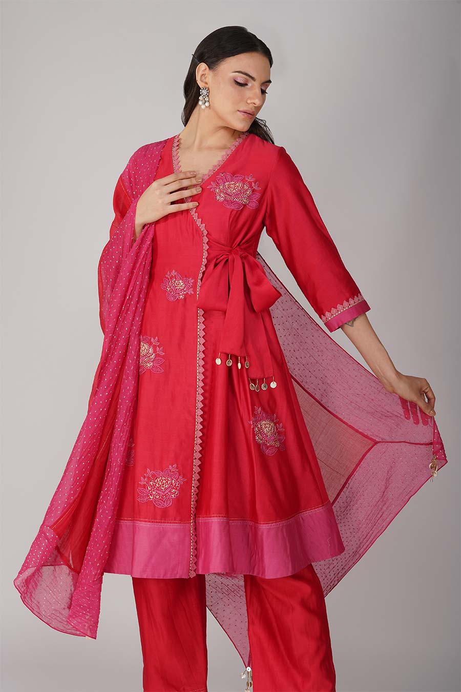 Red-Pink Embroidered Angrakha Set