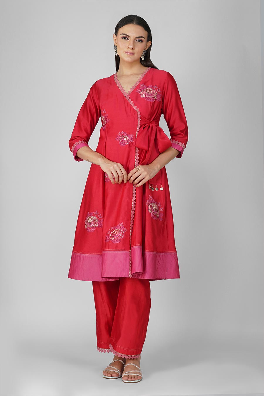 Red-Pink Embroidered Angrakha Set