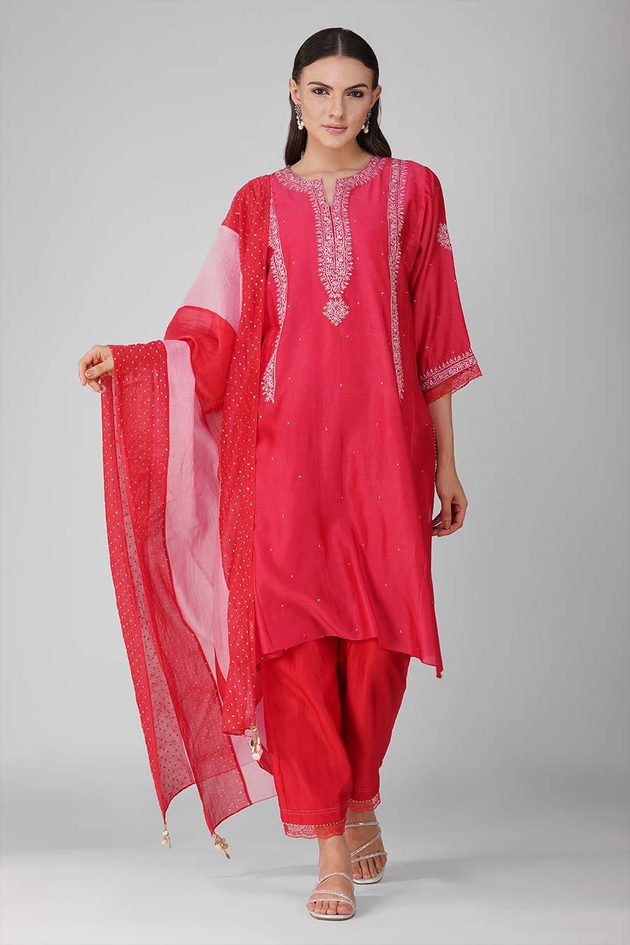 Red Flower Border Kalidar Kurta Set