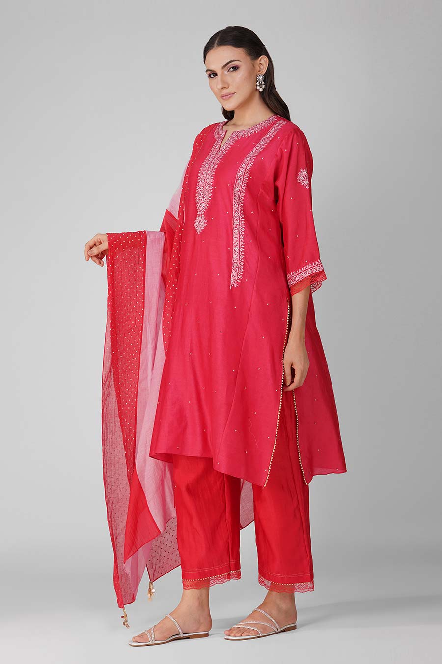 Red Flower Border Kalidar Kurta Set