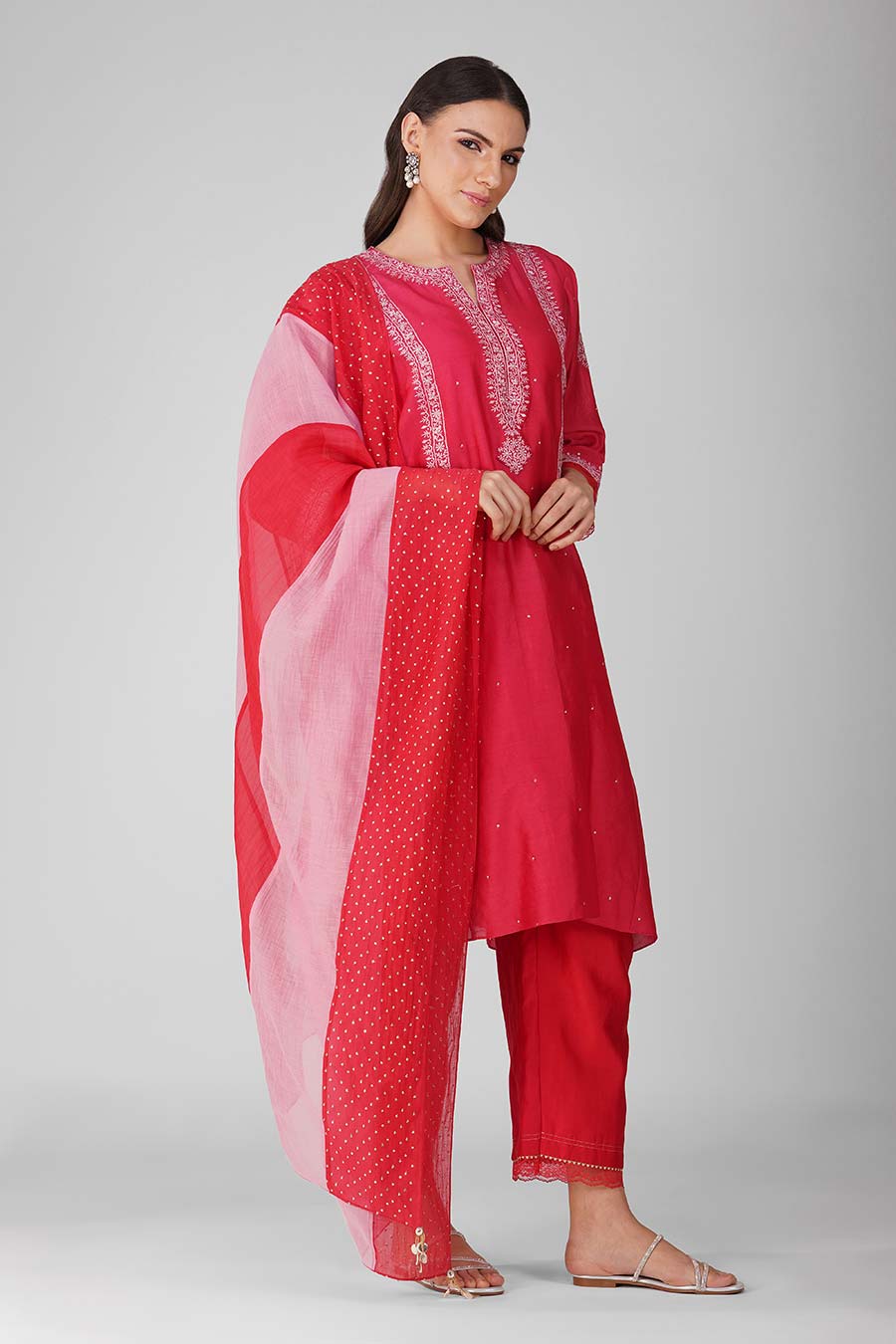 Red Flower Border Kalidar Kurta Set