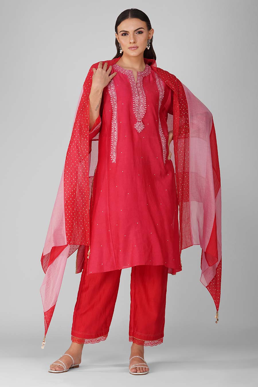 Red Flower Border Kalidar Kurta Set