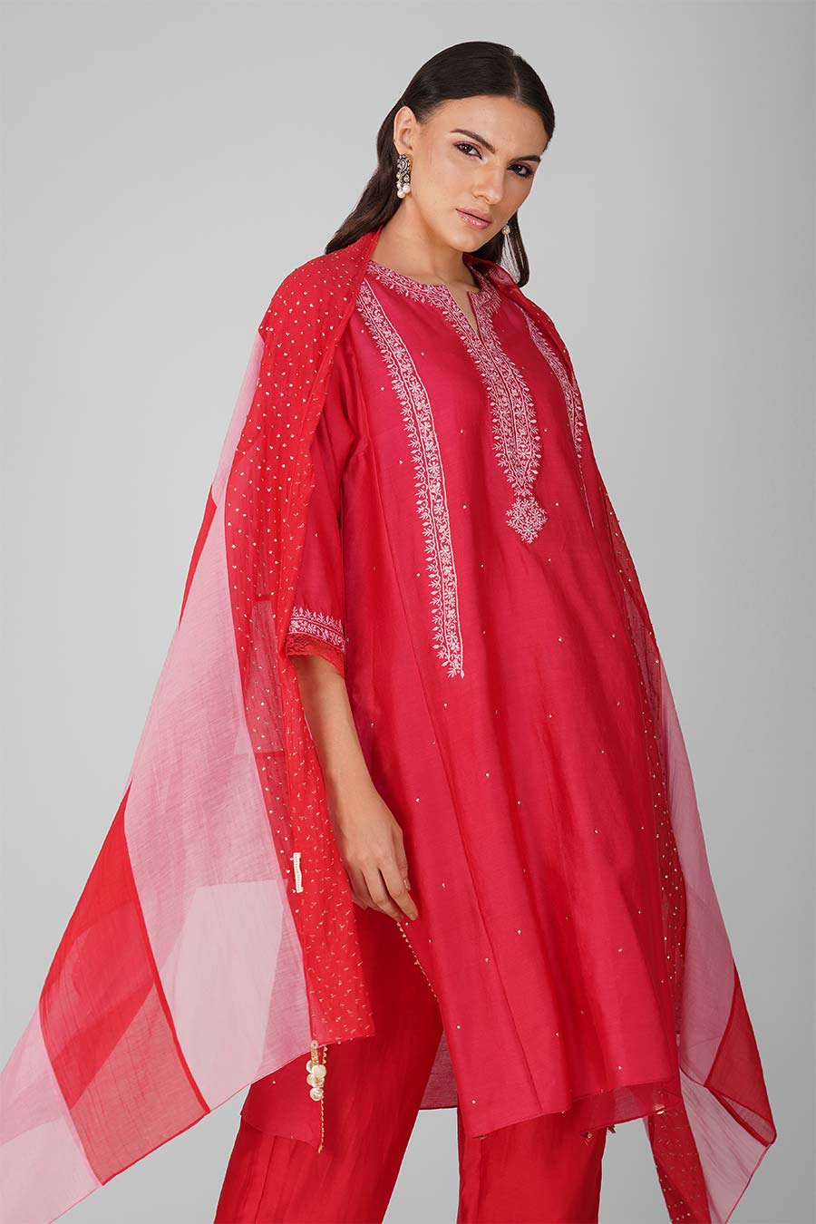 Red Flower Border Kalidar Kurta Set