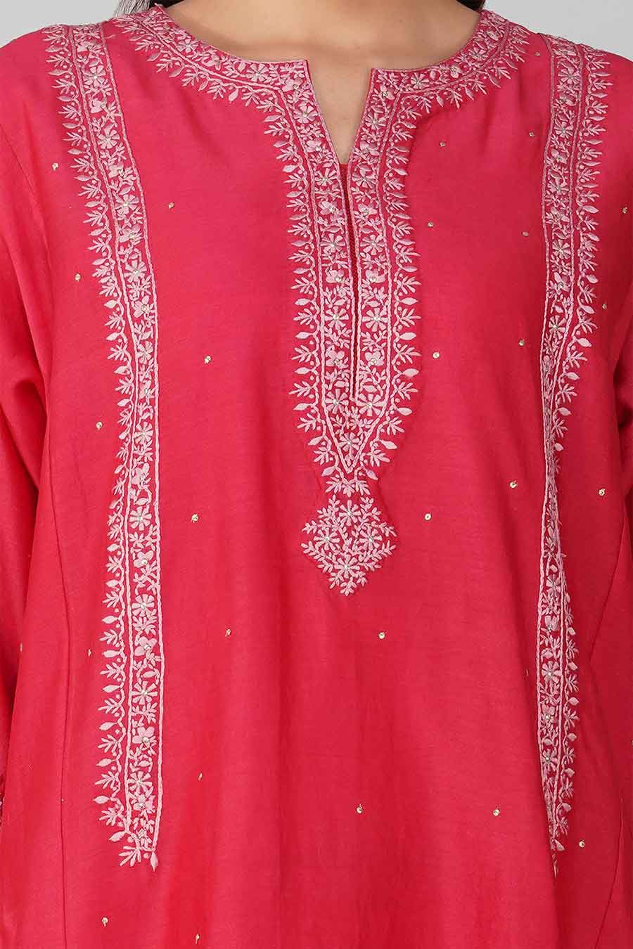 Red Flower Border Kalidar Kurta Set