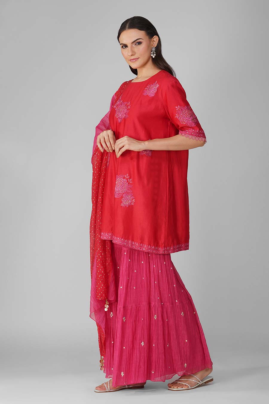 Red-Pink Embroidered Gharara Set