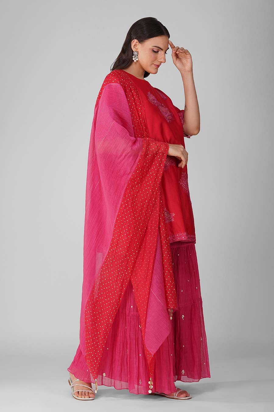 Red-Pink Embroidered Gharara Set