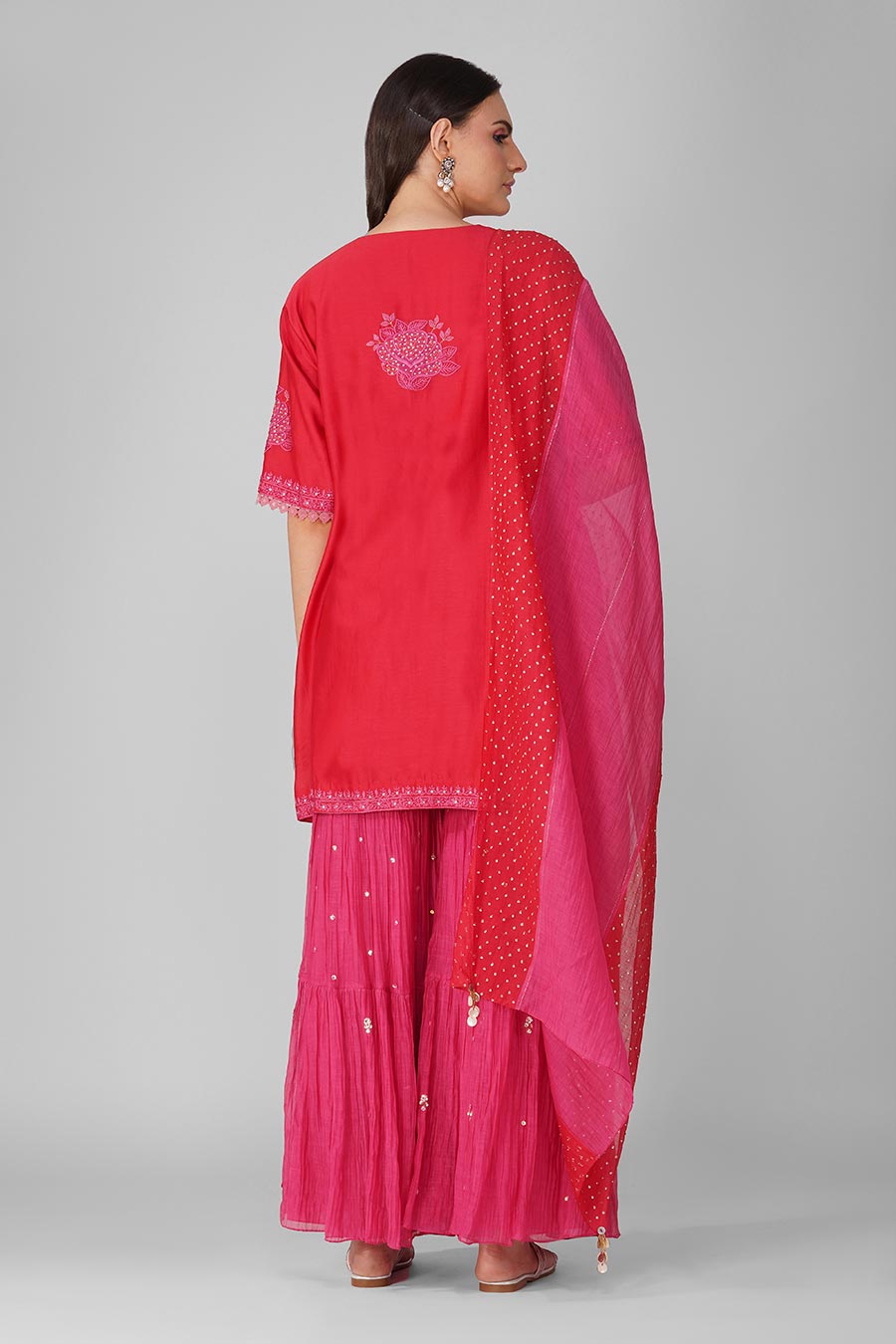 Red-Pink Embroidered Gharara Set