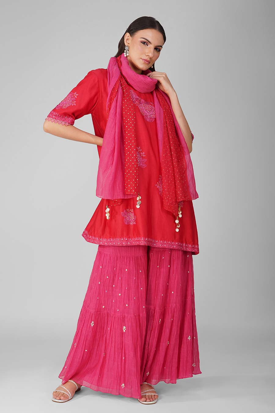 Red-Pink Embroidered Gharara Set