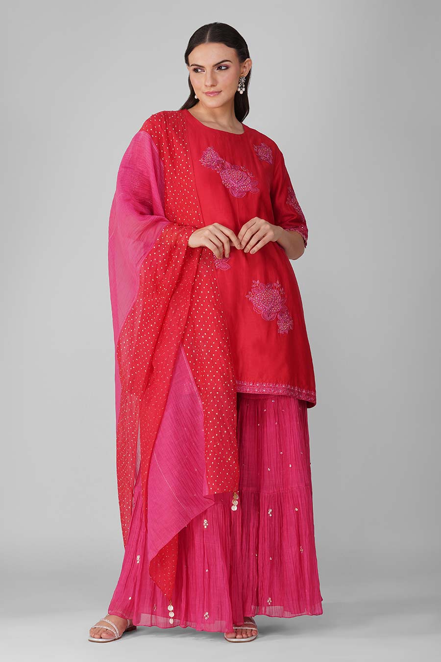 Red-Pink Embroidered Gharara Set