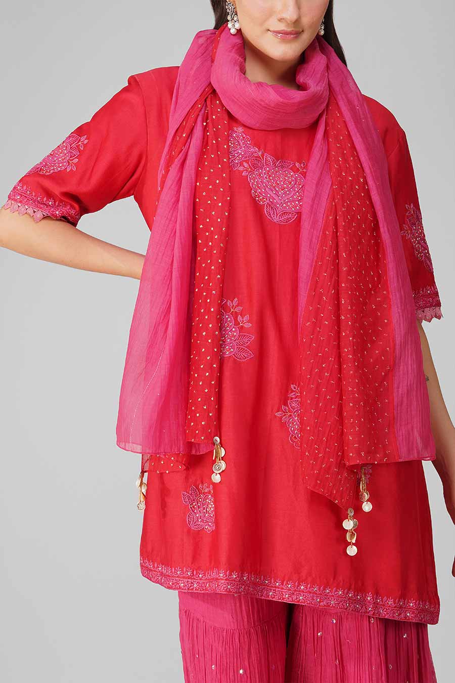 Red-Pink Embroidered Gharara Set